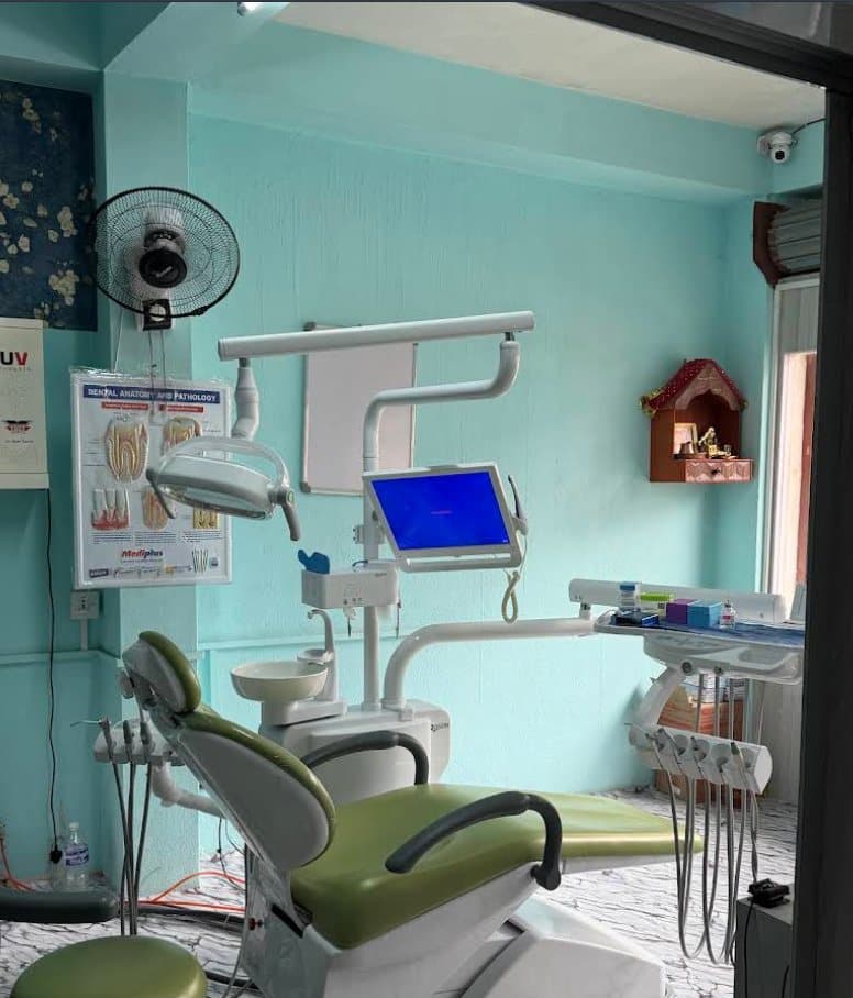 Modern dental chair and equipment in the treatment room at Chandragiri Dental Care, Checkpost, Kathmandu